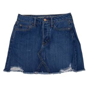 American Eagle Raw Hem Denim Mini Skirt Women's Size 00 Blue Distressed
